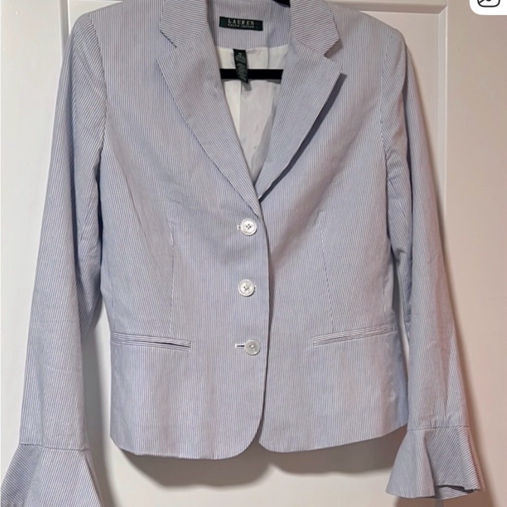 Ralph Lauren Women's Light Blue Pinstripe Blazer with Bell Sleeves